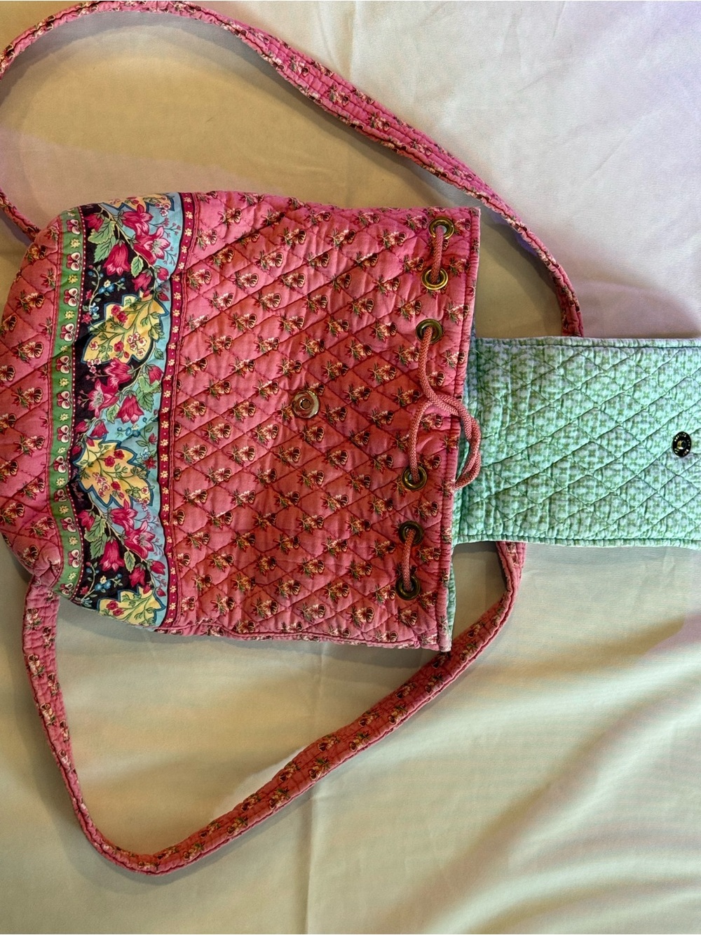 Rare Retired Vera Bradley Pink Pansy Mimi Backpack USA Made Quilted Drawstring - Picture 2 of 7